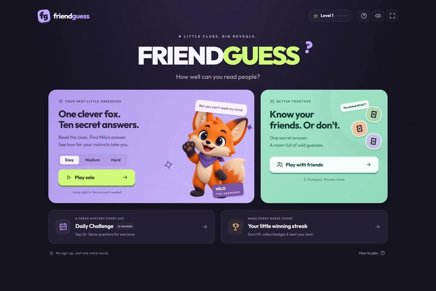 FriendGuess home screen with Milo, solo play and multiplayer options