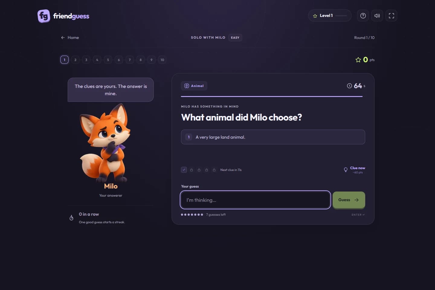 FriendGuess solo gameplay showing a timed round, clues and answer field